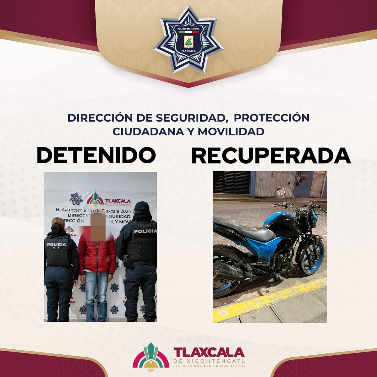 Detiene Policía Municipal a presunto ladrón y recupera motocicleta con reporte de robo